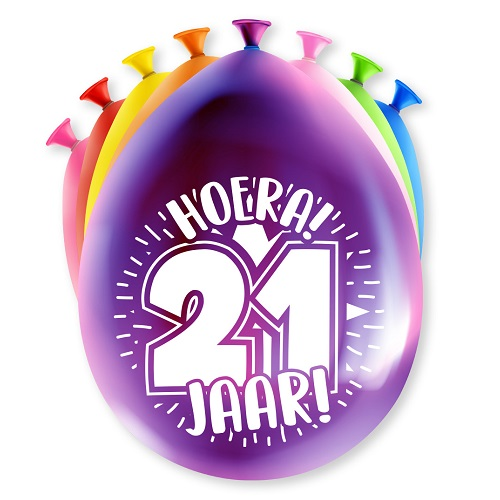 Ballonnen 21 jaar gekleurd 8 stuks