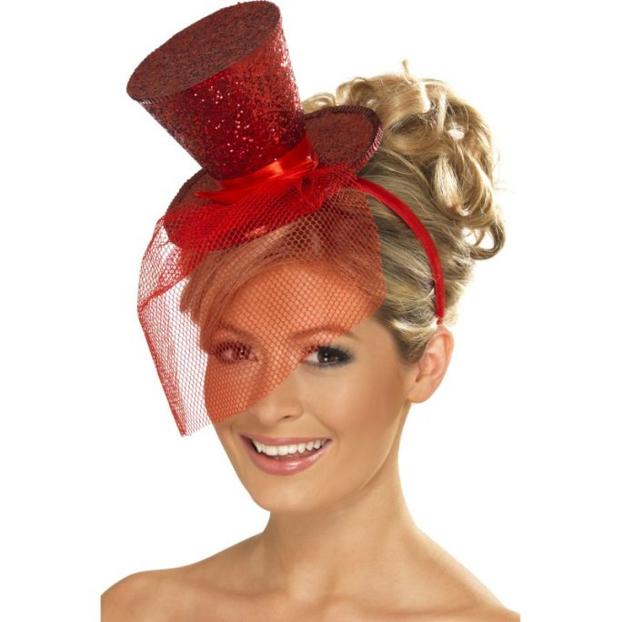 Mini hoedje op diadeem glitter rood
