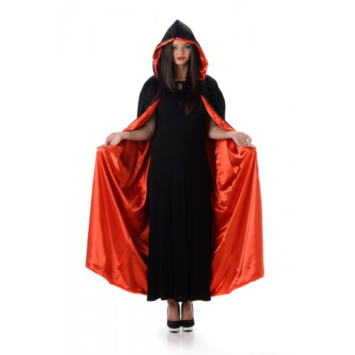 Cape met capuchon deluxe fluweel zwart en rood