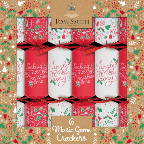 6 st. Christmas Crackers Musical Game rood/wit 12 inch