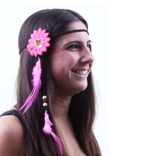 Hoofdband hippie met bloem en veren roze