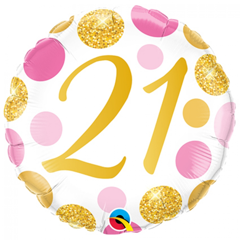 Folieballon pink en gold dots 21 jaar