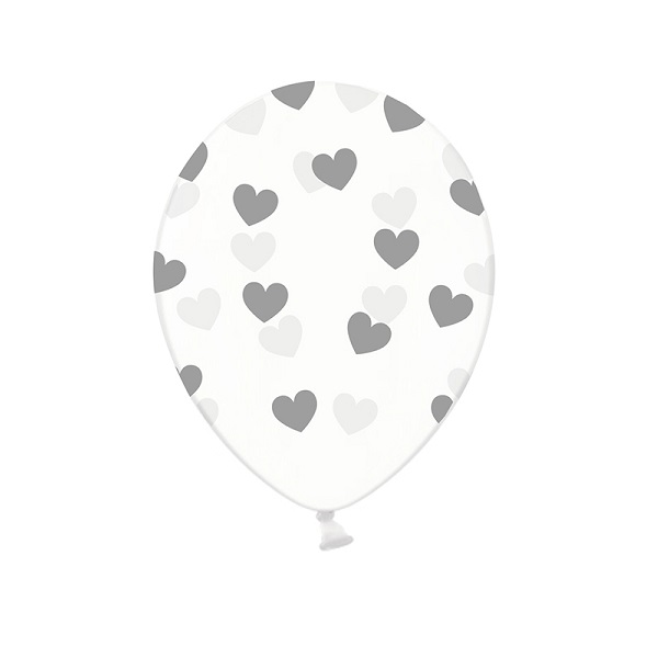 Transparante ballonnen met zilveren harten 6 stuks