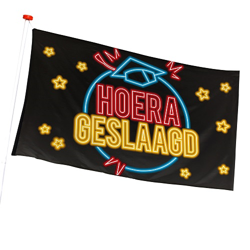 Vlag hoera geslaagd neon lights 90x150