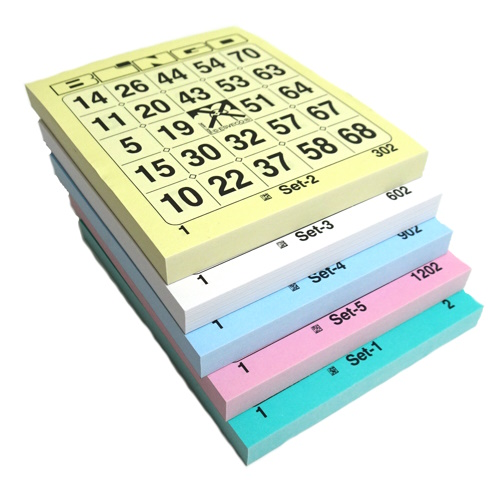 Bingo kaarten 1-75. Kleurset A 5x100 vel
