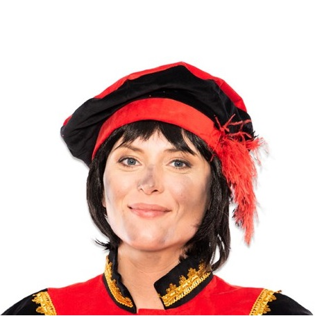 Baret fluweel met veer rood-zwart