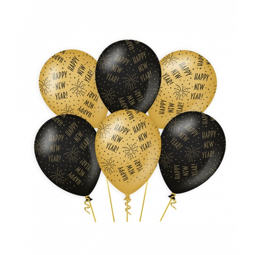 Ballonnen Happy new year goud-zwart 6st