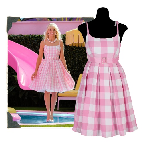Barbie jurkje roze geblokt