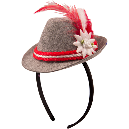 Diadeem mini Tiroler hoedje grijs met rood