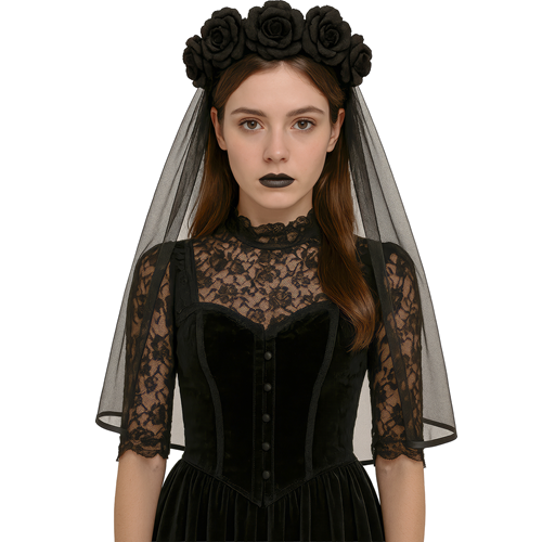 Diadeem sluier zwart met bloemen