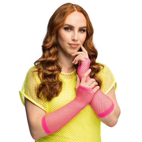 Nethandschoenen lang neon roze