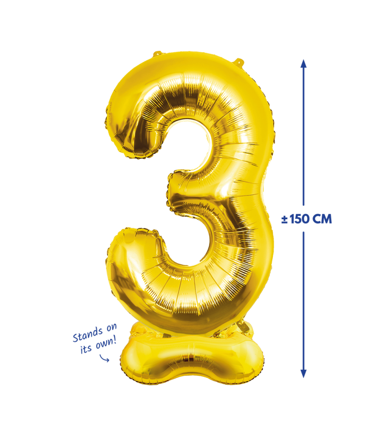 Folieballon 3 met voet goud 150cm