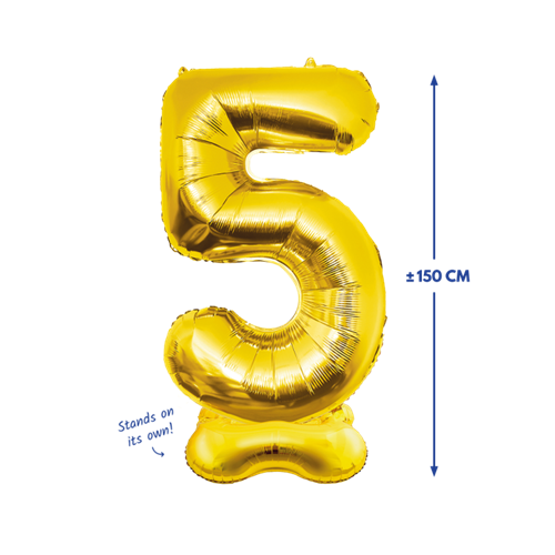 Folieballon 5 met voet goud 150cm