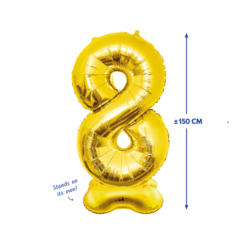 Folieballon 8 met voet goud 150cm