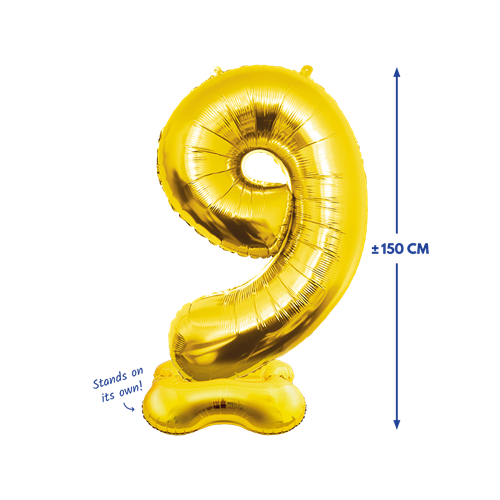 Folieballon 9 met voet goud 150cm