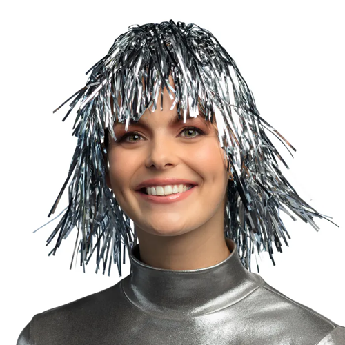 Pruik metallic folie zilver