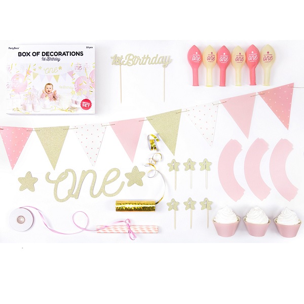 1st birthday decoratie set roze/goud 33dlg