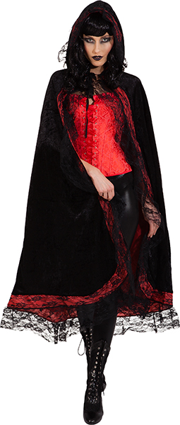 Cape met capuchon zwart/rood met kant