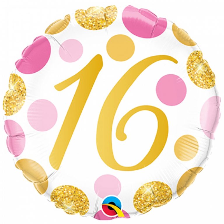 Folieballon pink en gold dots 16 jaar 46cm