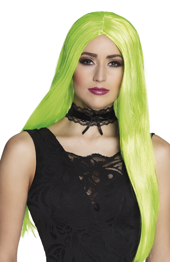Pruik met lang haar neon groen